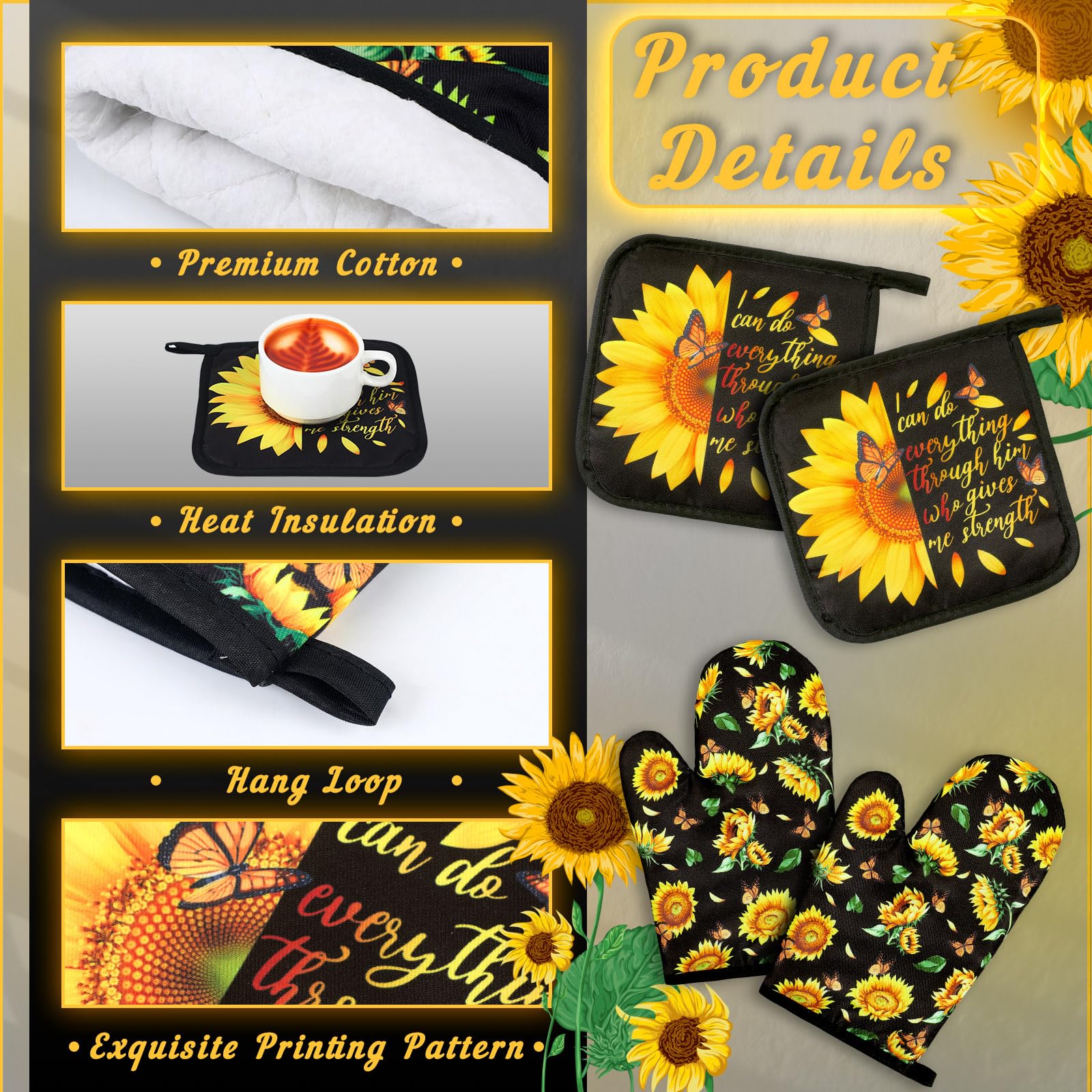 Manoplas Bencailor para horno, diseño girasol, manejo seguro de utensilios calientes