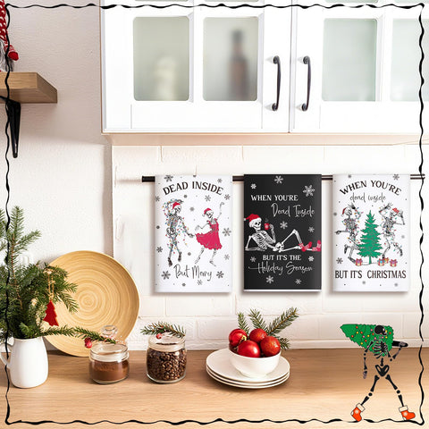 Toallas de cocina Bencailor con cráneo meditativo, aportan atmósfera gótica en la cocina.