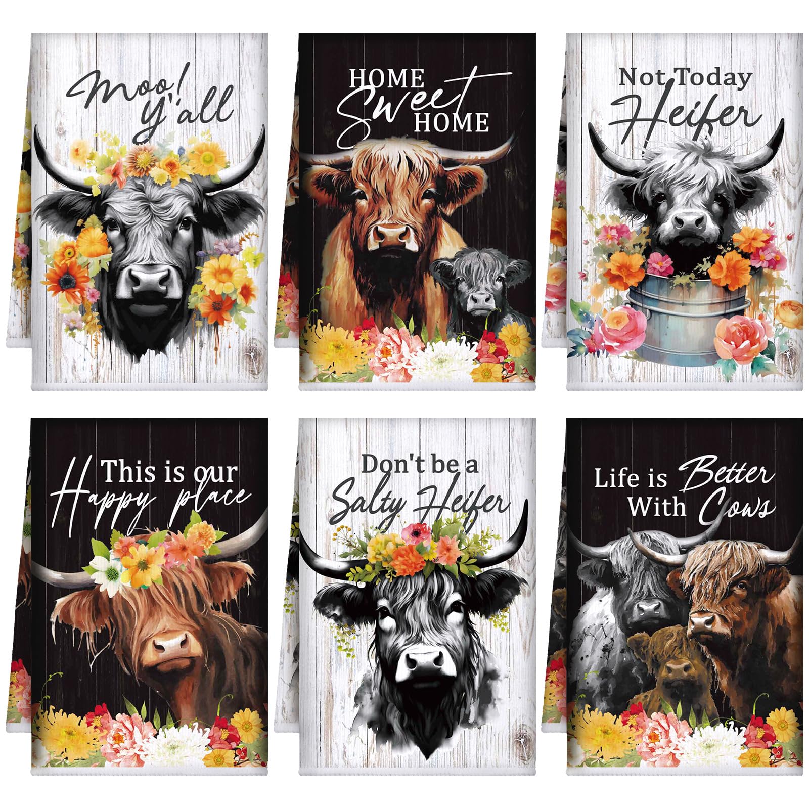 Toallas de cocina Bencailor Flores de Vacas de las Tierras Altas, decorativas para encimera.