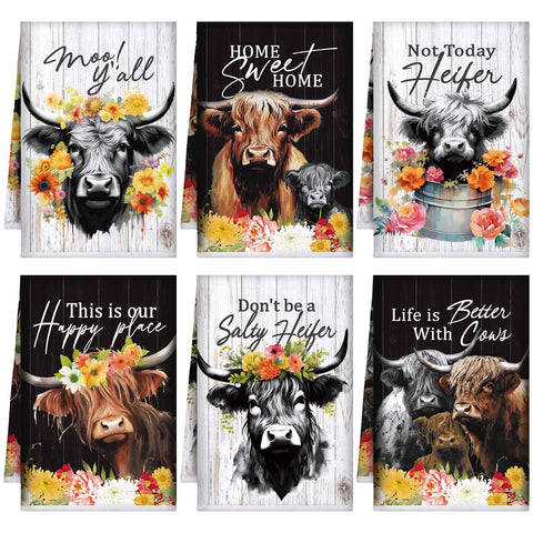Toallas de cocina Bencailor Flores de Vacas de las Tierras Altas, decorativas para encimera.