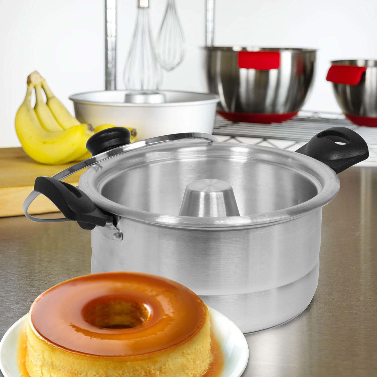 Bene Casa molde de flan doble con tapa de vidrio para hornear con calor uniforme.