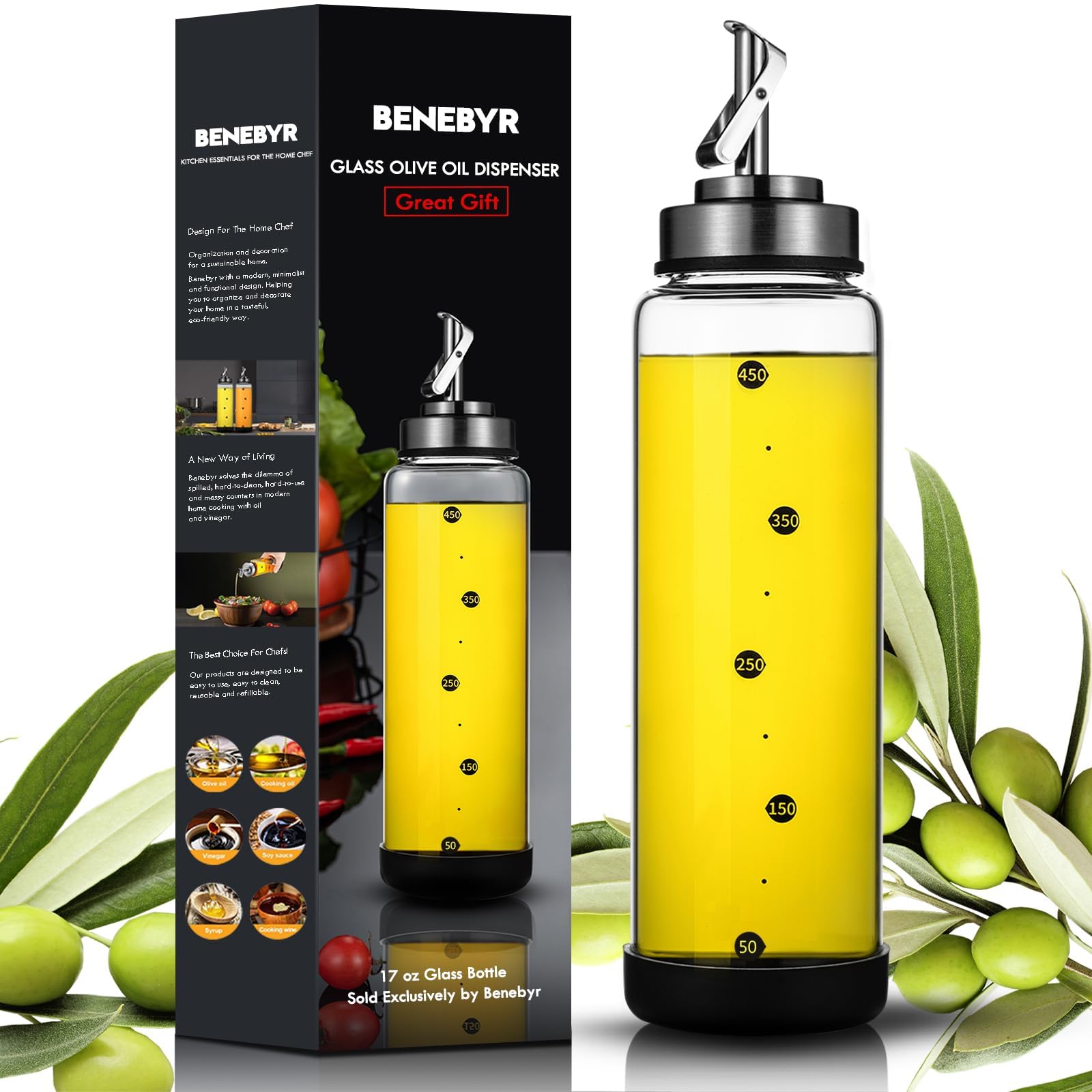 BENEBYR dispensador de aceite de oliva en vidrio para verter sin goteo