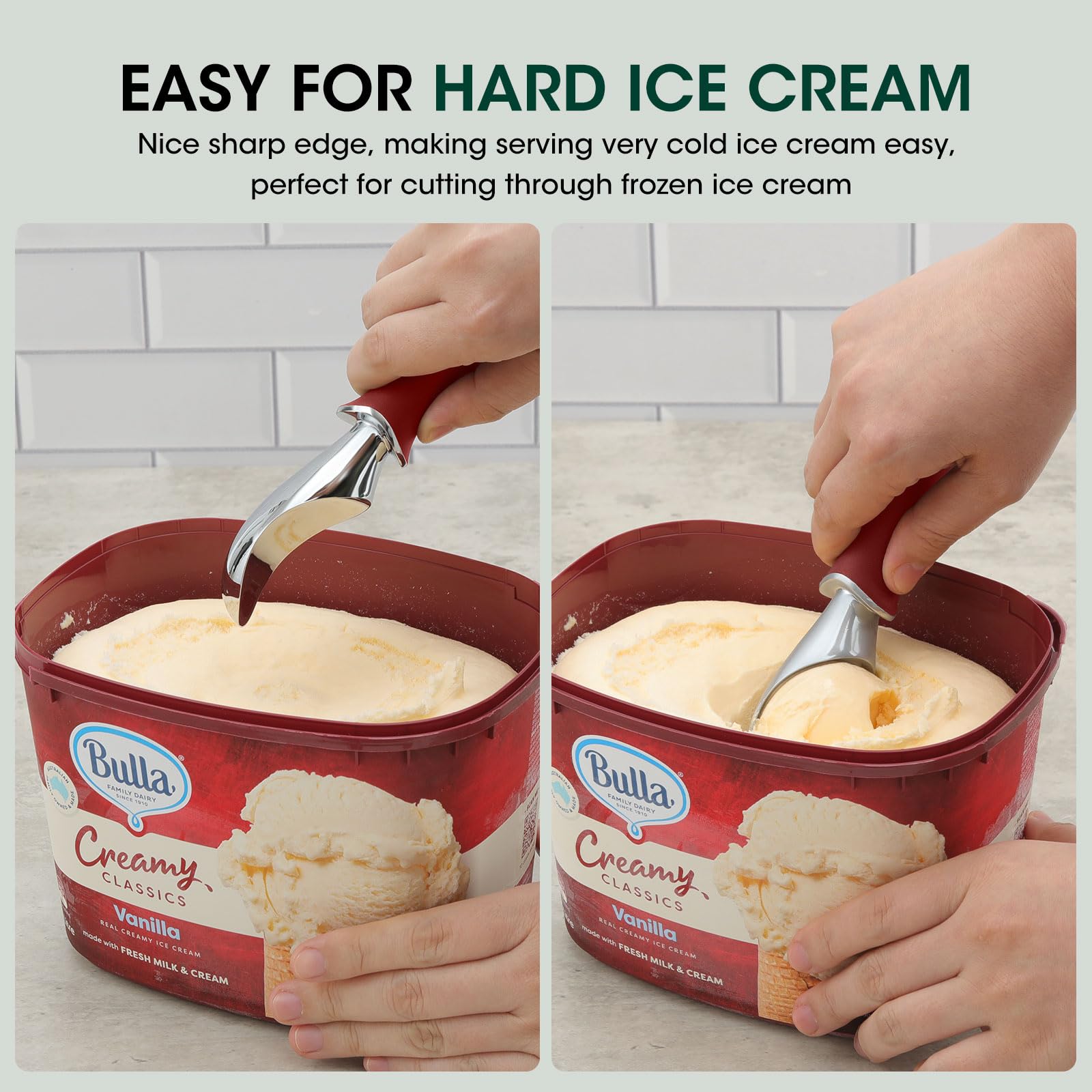 Beneno cuchara helado borde pulido para cortes suaves, incluso helado duro.