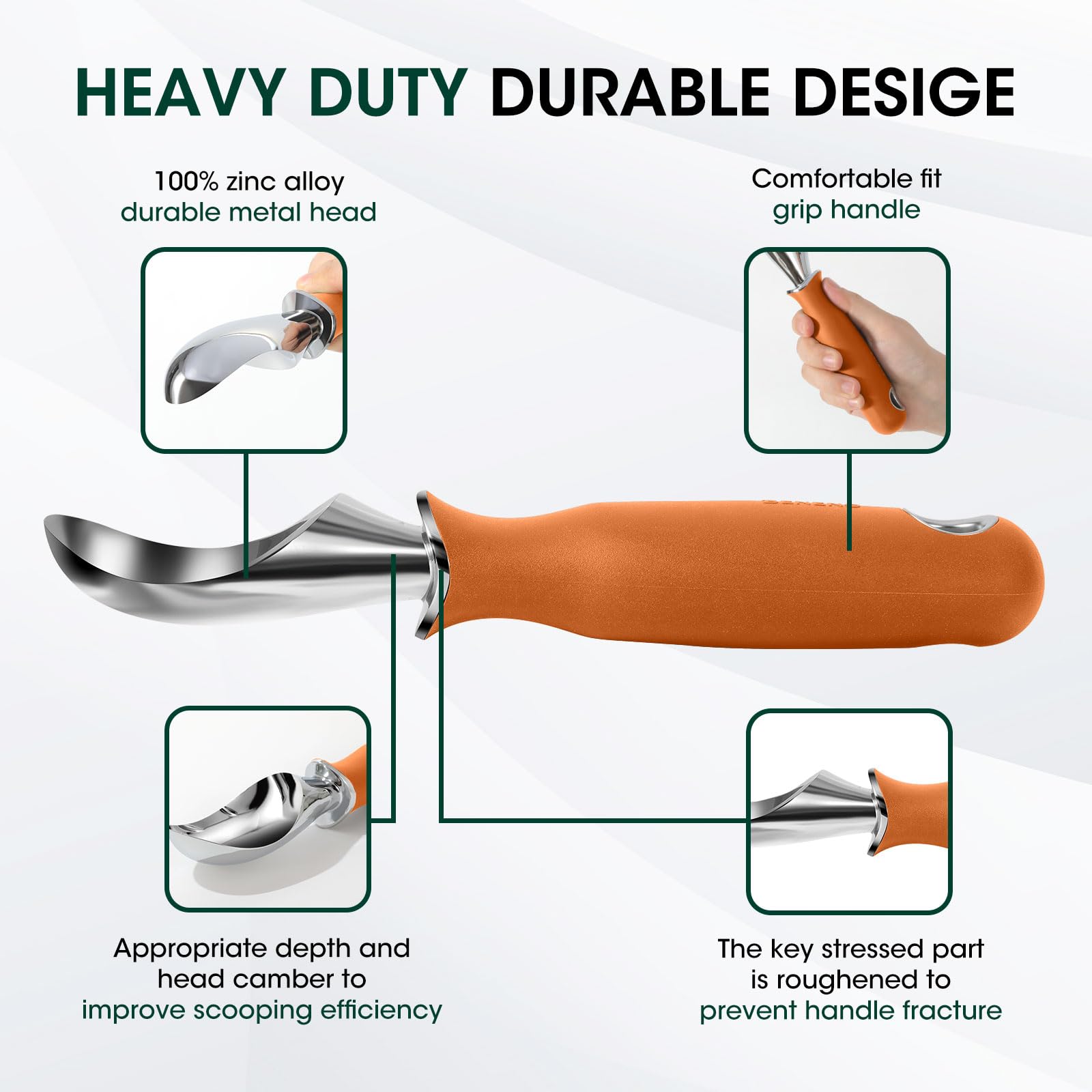 Cuchara de helado Beneno mango largo ergonómico, agarre estable durante uso prolongado.