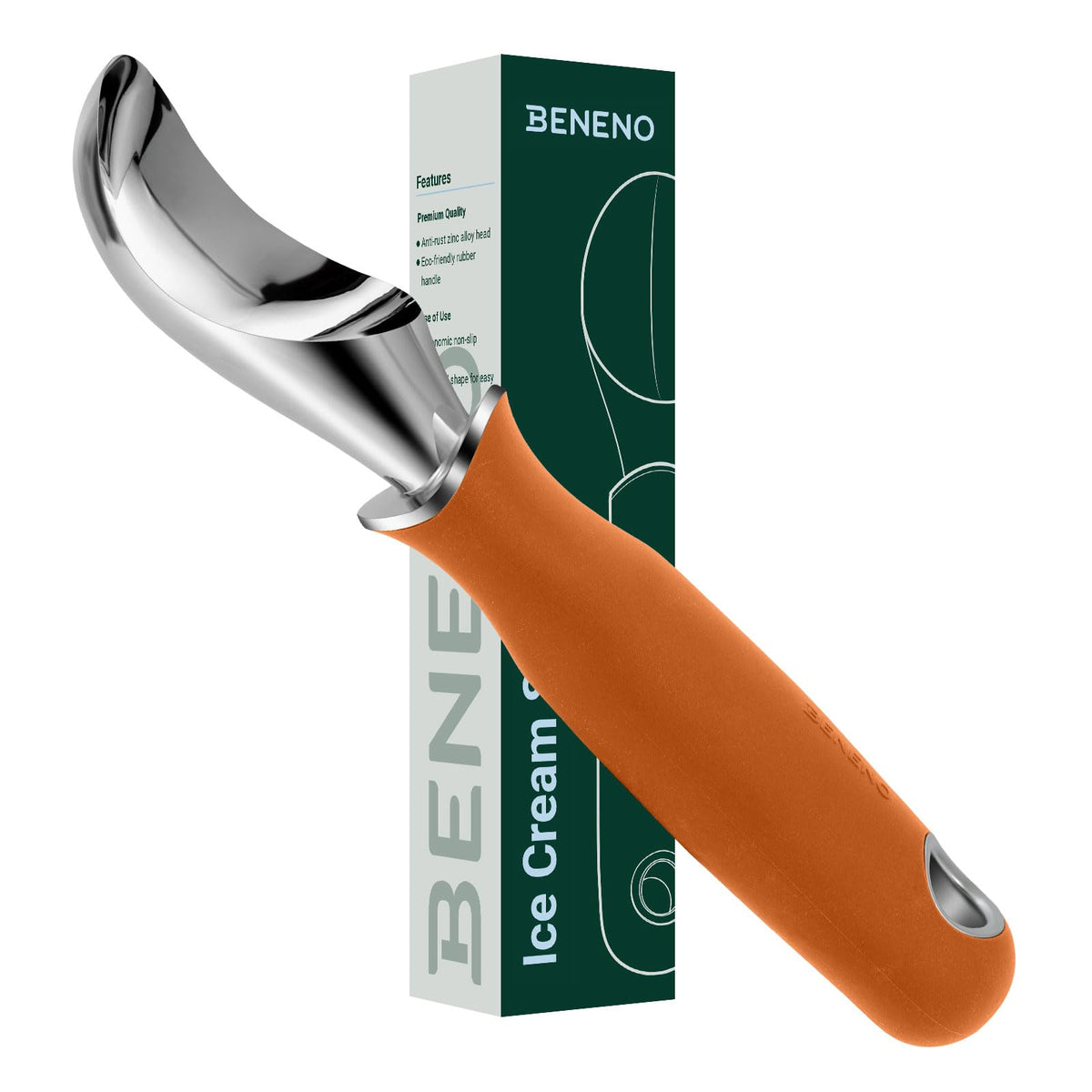Cuchara de helado Beneno resistente antifractura, ideal para helados duros, color naranja.