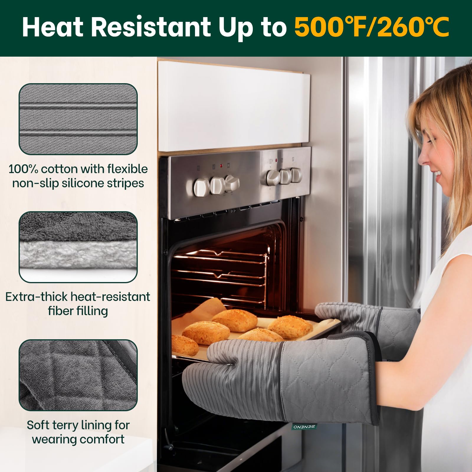 Beneno guantes-horno-14-3-pulgadas: protección extendida para antebrazos durante la cocción.