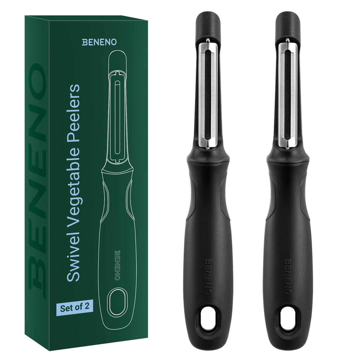 Pelador Beneno con giro suave y hoja doble de acero para pelado rápido.
