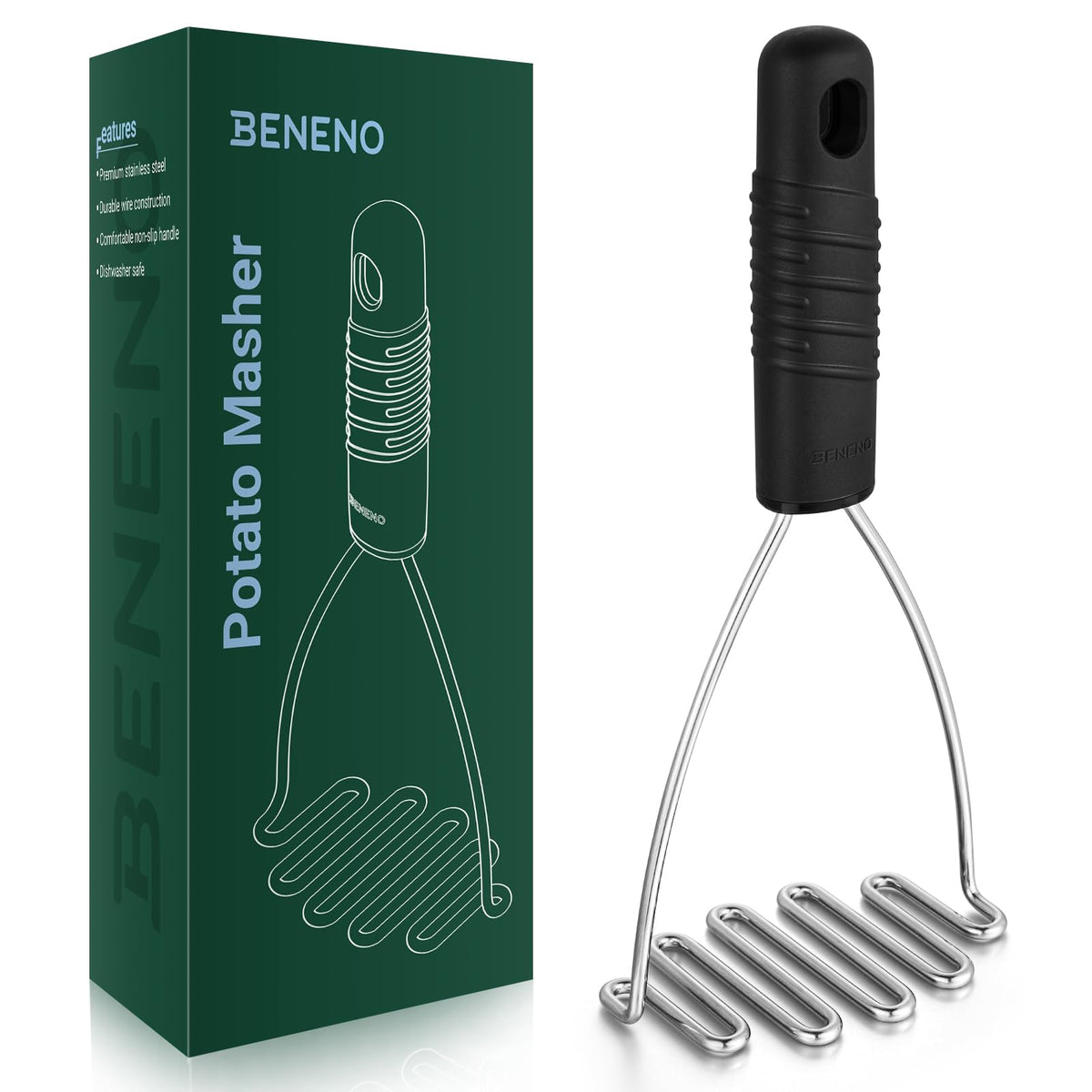 Beneno prensa-papas con mango ergonómico para prensado cómodo.
