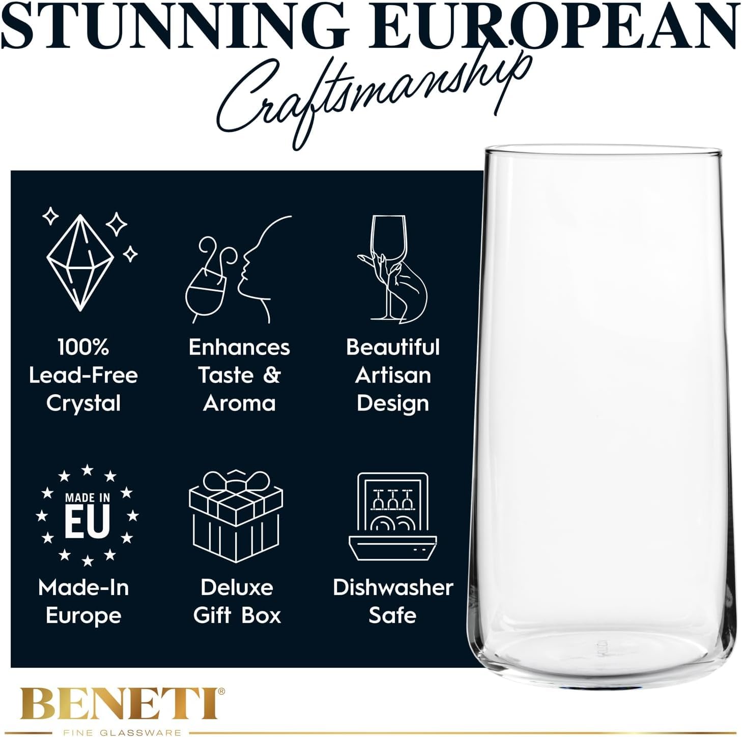 Vaso BENETI con diseño europeo, estilo atemporal para servir agua.