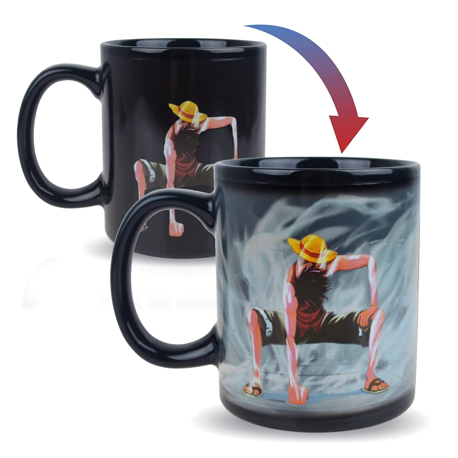 Taza BeneU Luffy cambia color al calor, ideal para café o té.