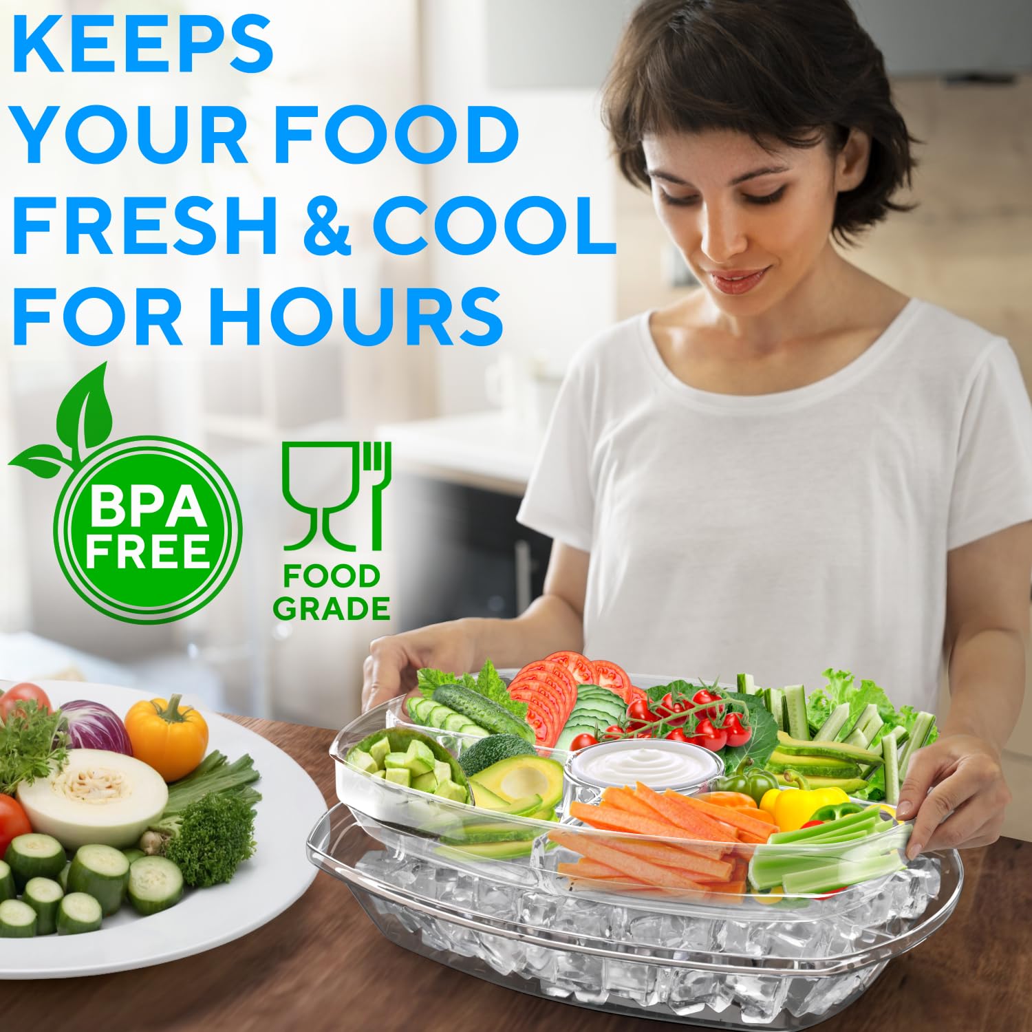 Bandeja Benicci con cuatro compartimentos para frutas y verduras, ideal para servir variedad.