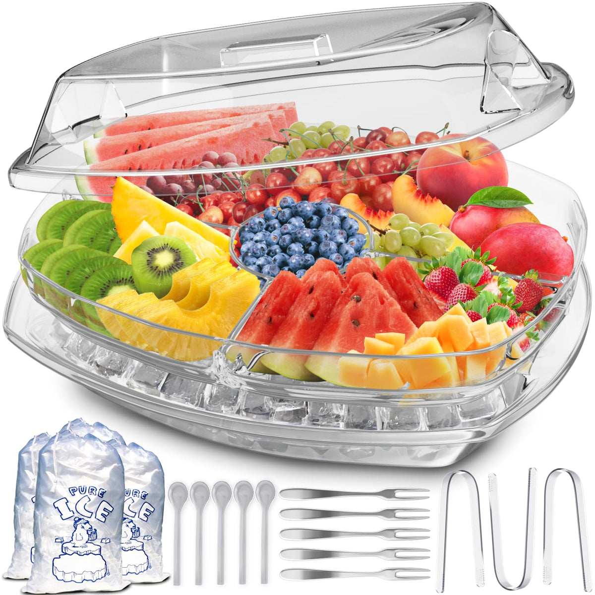 Bandeja Benicci para fiestas de 15 pulgadas con tapa que mantiene la comida fresca y protegida.