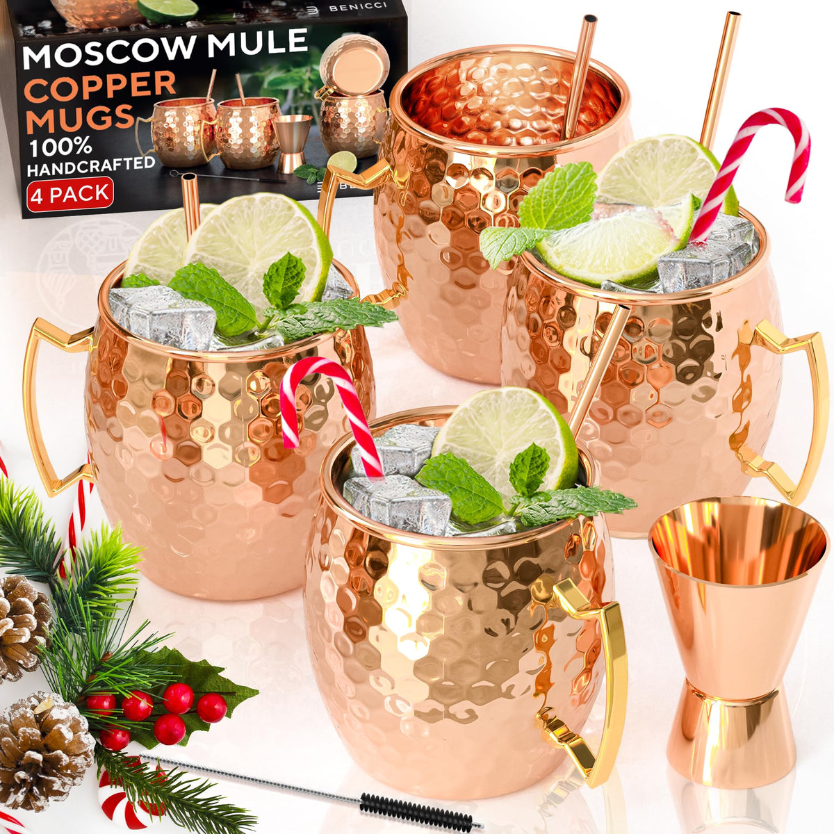 Benicci Moscow Mule de cobre: jarras 4 piezas, diseño artesanal para bebidas frías.