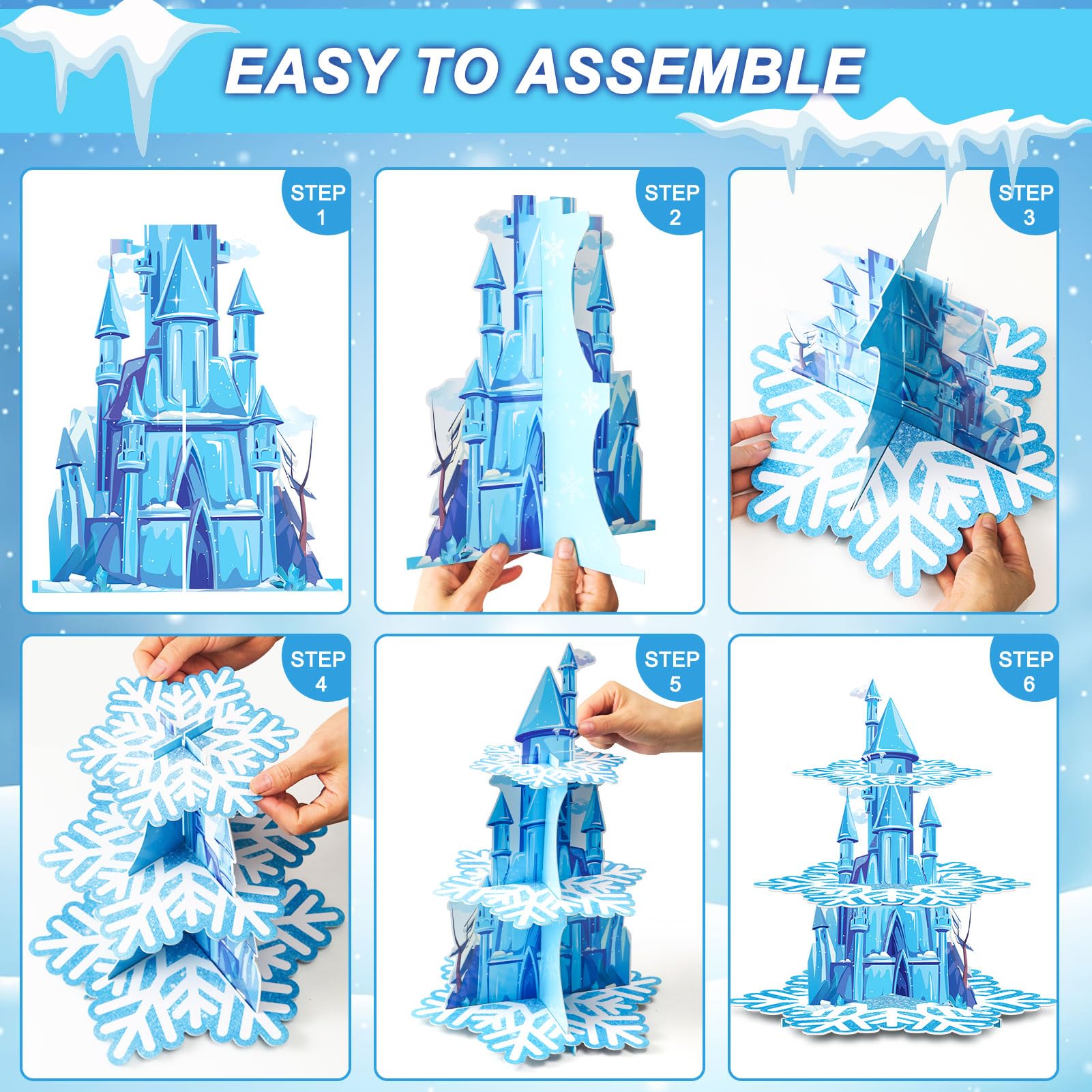 BenLouis detalle castillo de hielo y copos de nieve para ambiente temático.