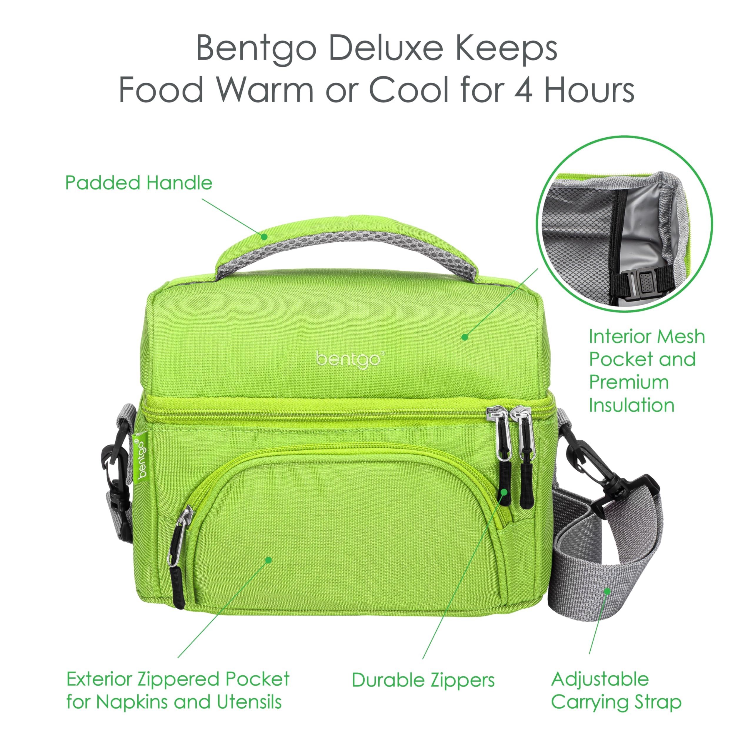 Bentgo bolsa de almuerzo verde con correas acolchadas ajustables para llevar con comodidad