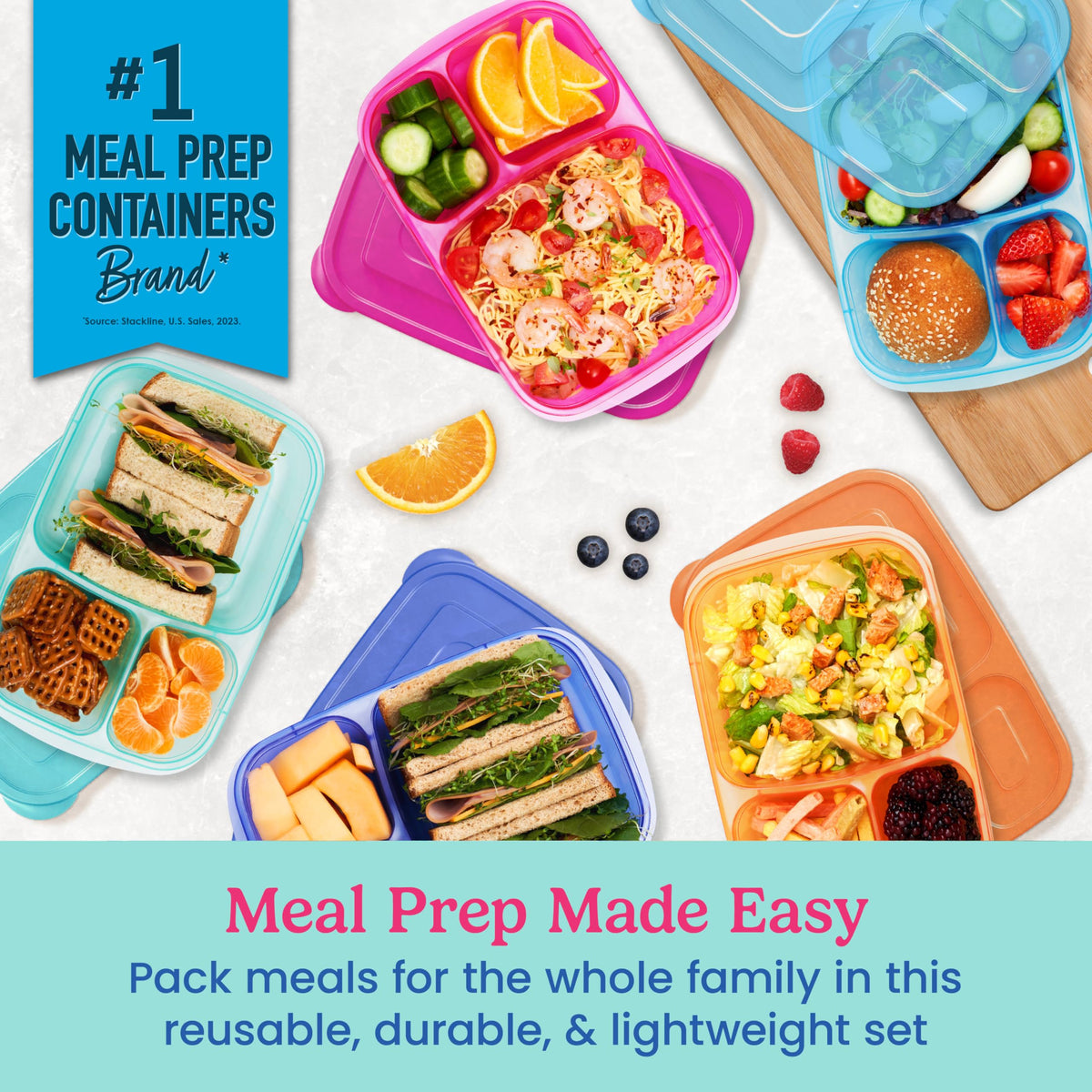 Conjunto Bentgo Easyboxes de 10 contenedores, tres compartimentos, ideal para comidas variadas.