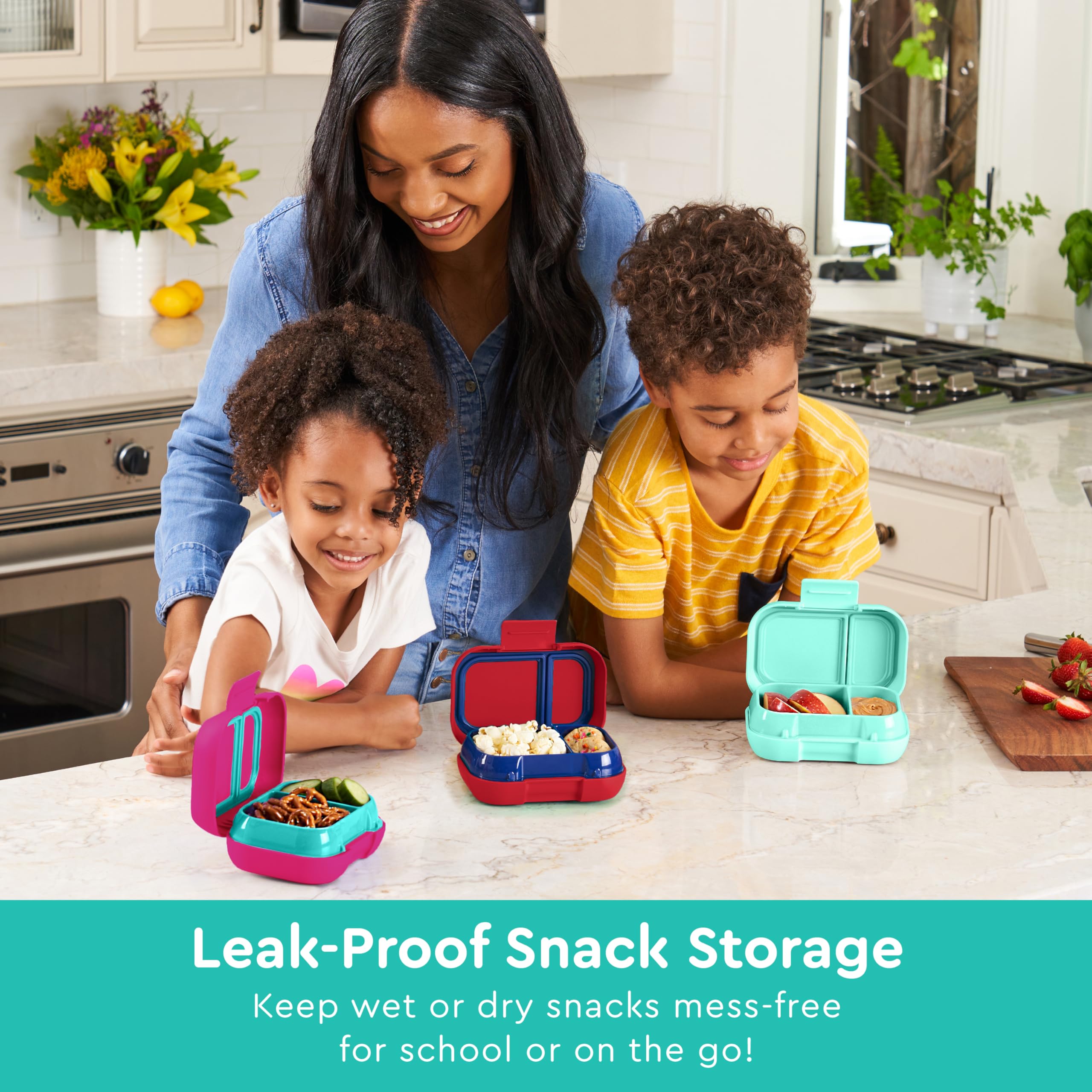 Bentgo Kids Snack con tapa segura evita derrames en mochila y meriendas.