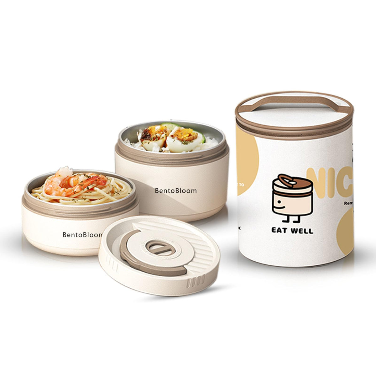 BentoBloom caja de almuerzo redonda apilable para llevar con estilo.