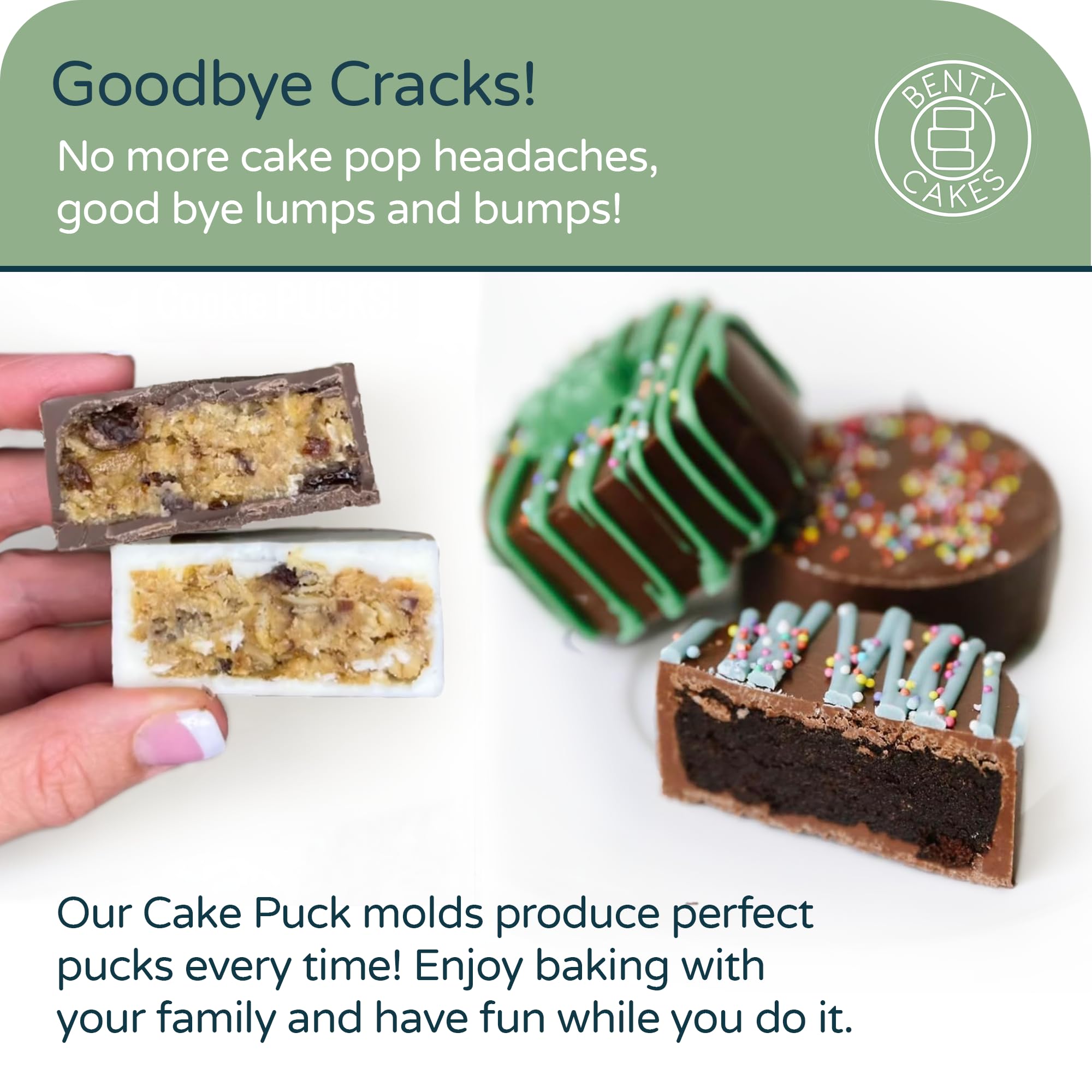Moldes de cobertura CakePuck de Benty Cakes para recubrir con chocolate suave.