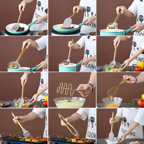 Berglander colador con cucharon dorado, práctico para escurrir pastas.