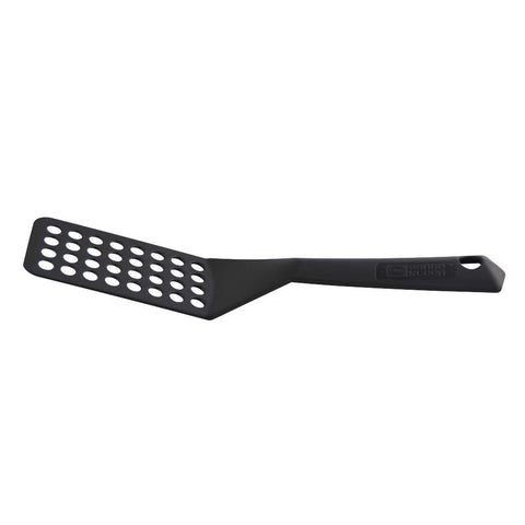 Espátula ranurada Berndes 9011 negra, ideal para voltear alimentos delicados sin dañarlos.