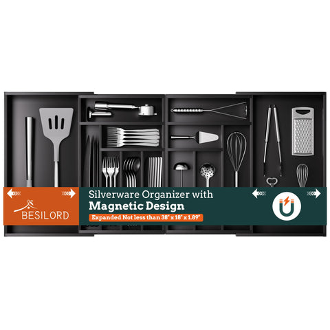 Besilord organizador de cubiertos grande extendible y magnético para cajón, optimiza el espacio.