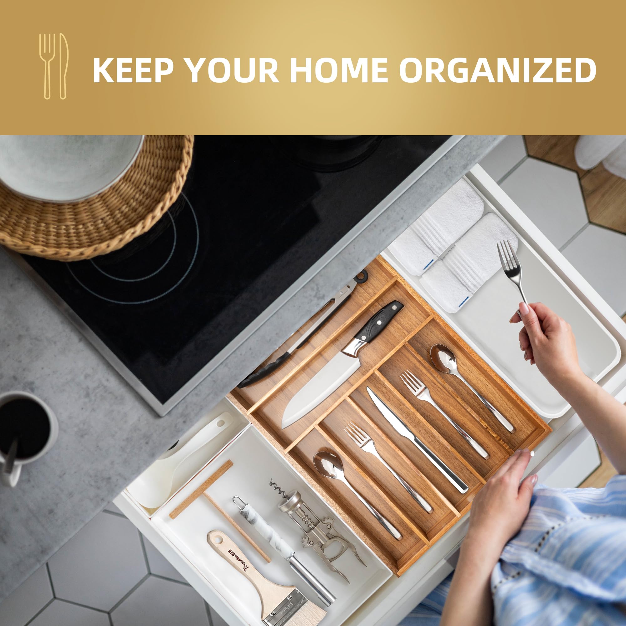 Besilord organizador multiusos para cajón y despensa, ideal para utensilios y accesorios.
