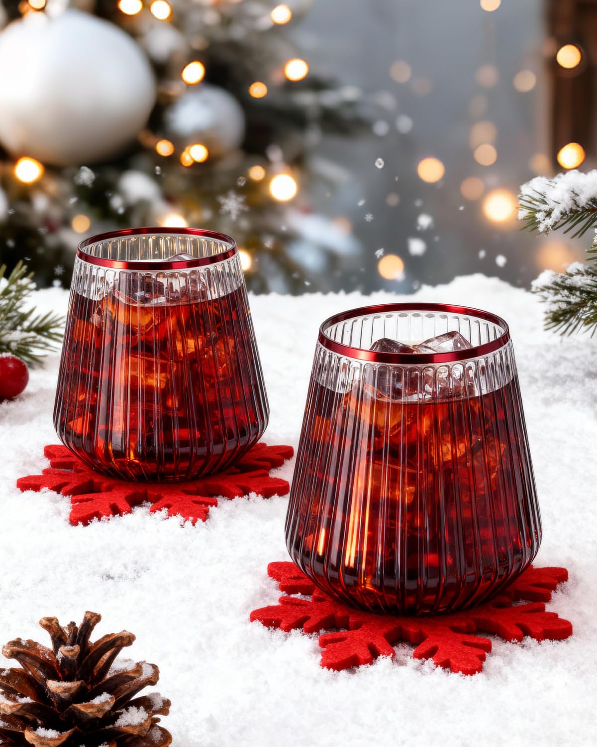 Vaso BESTSTAR con ribete rojo acanalado, estable para brindis festivos.