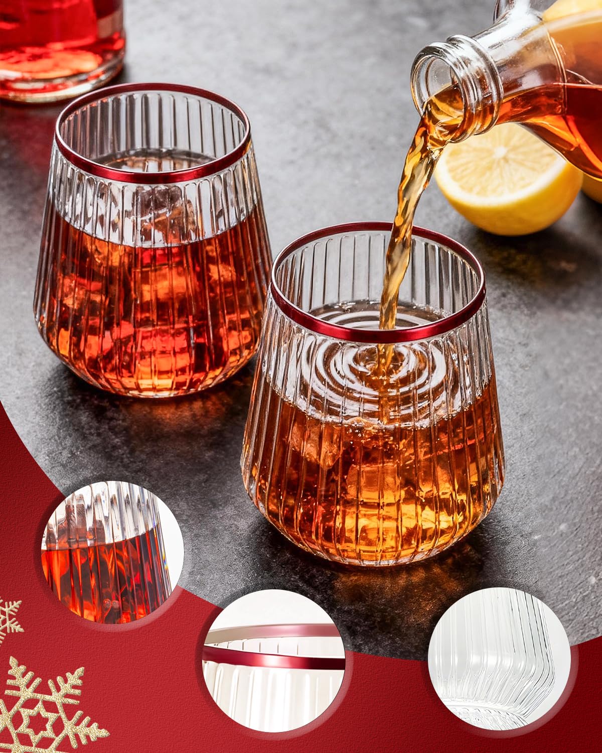 Vaso plástico BESTSTAR con borde rojo acanalado para reuniones navideñas.