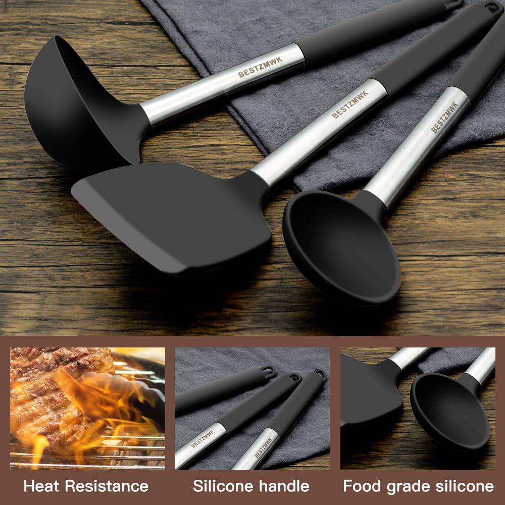 BESTZMWK pinzas de cocina con mango inoxidable para volteos y porciones precisas