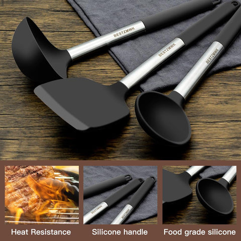 BESTZMWK pinzas de cocina con mango inoxidable para volteos y porciones precisas