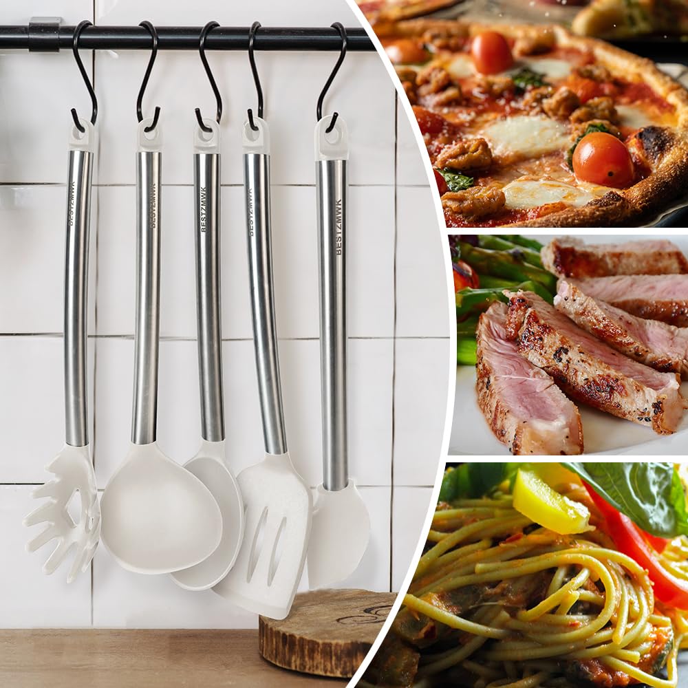 Utensilios con orificio para colgar facilitan almacenamiento ordenado.