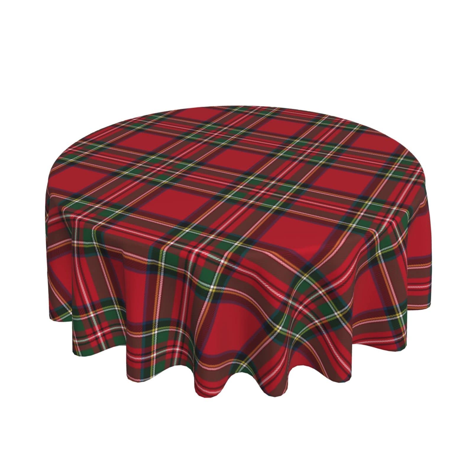 Mantel BETGINY redondo 60in con cuadros rojo-verde para mesa festiva.