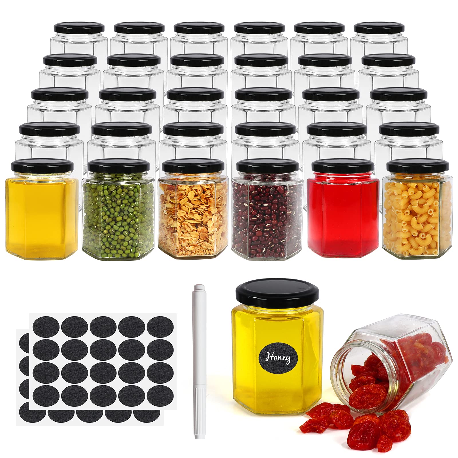 Betrome frascos de vidrio hexagonales de 180 ml para miel, mermeladas o especias.