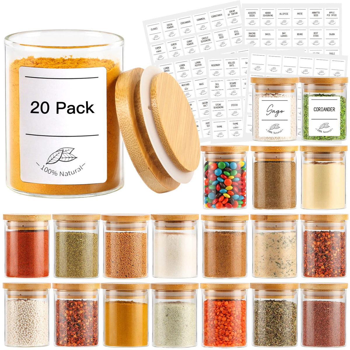 Betrome jarras de vidrio 4oz con tapas de bambú para especias y condimentos.