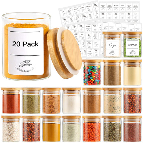 Betrome jarras de vidrio 4oz con tapas de bambú para especias y condimentos.