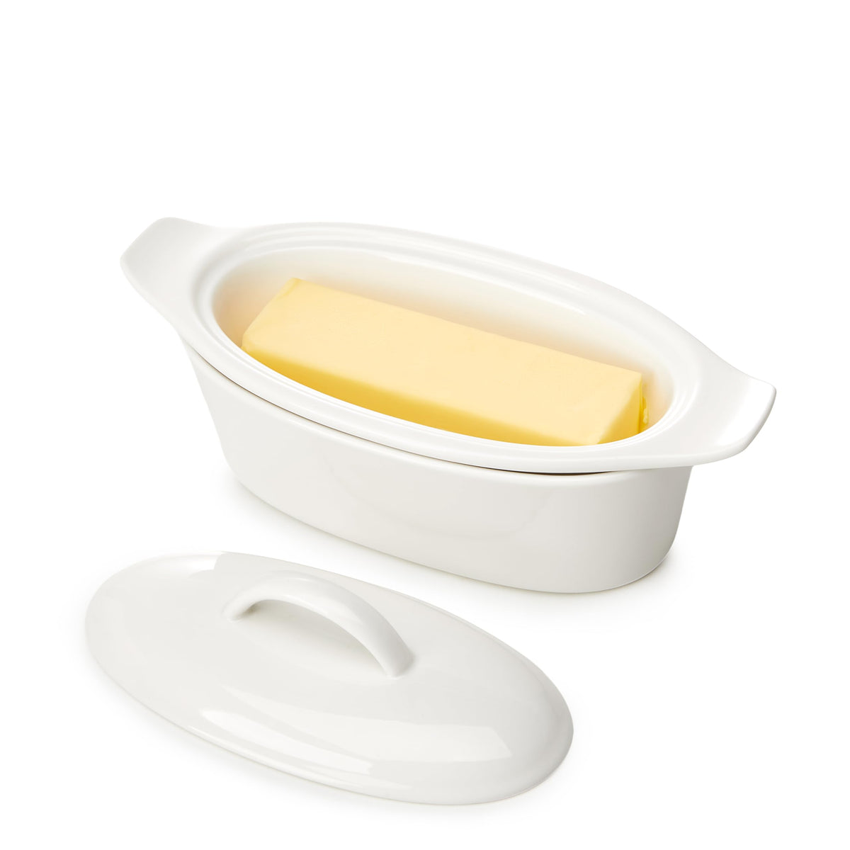 Better Butter bandeja mantequilla con tapa blanca para uso diario y presentación limpia.