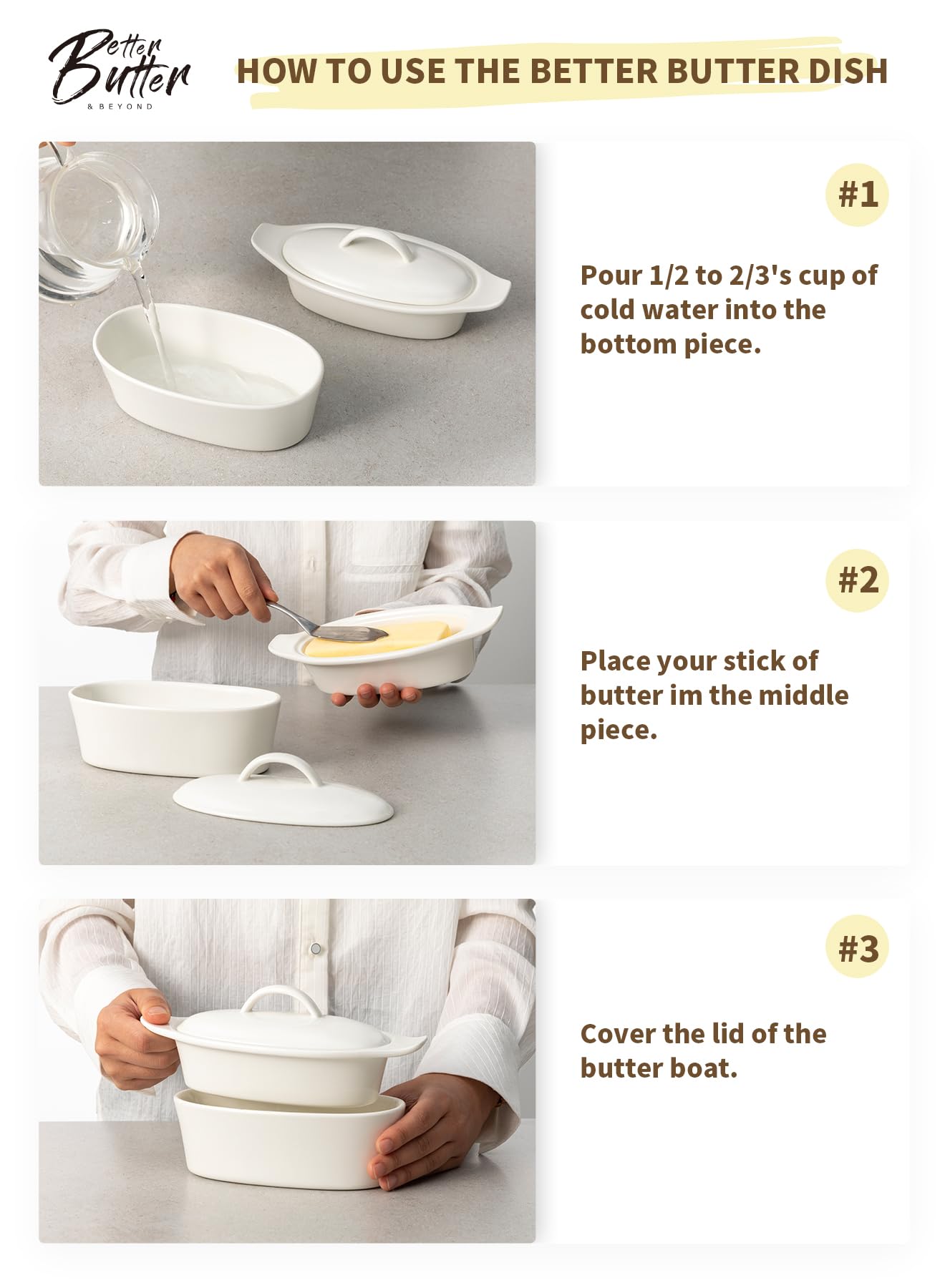 Better Butter porcelana resistente, apta para microondas y lavavajillas.