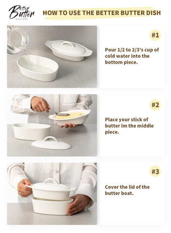 Better Butter porcelana resistente, apta para microondas y lavavajillas.