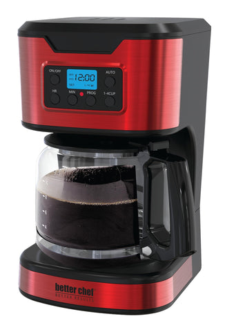 Better Chef cafetera programable 12 tazas con acabado rojo, ideal para despertar con café caliente.