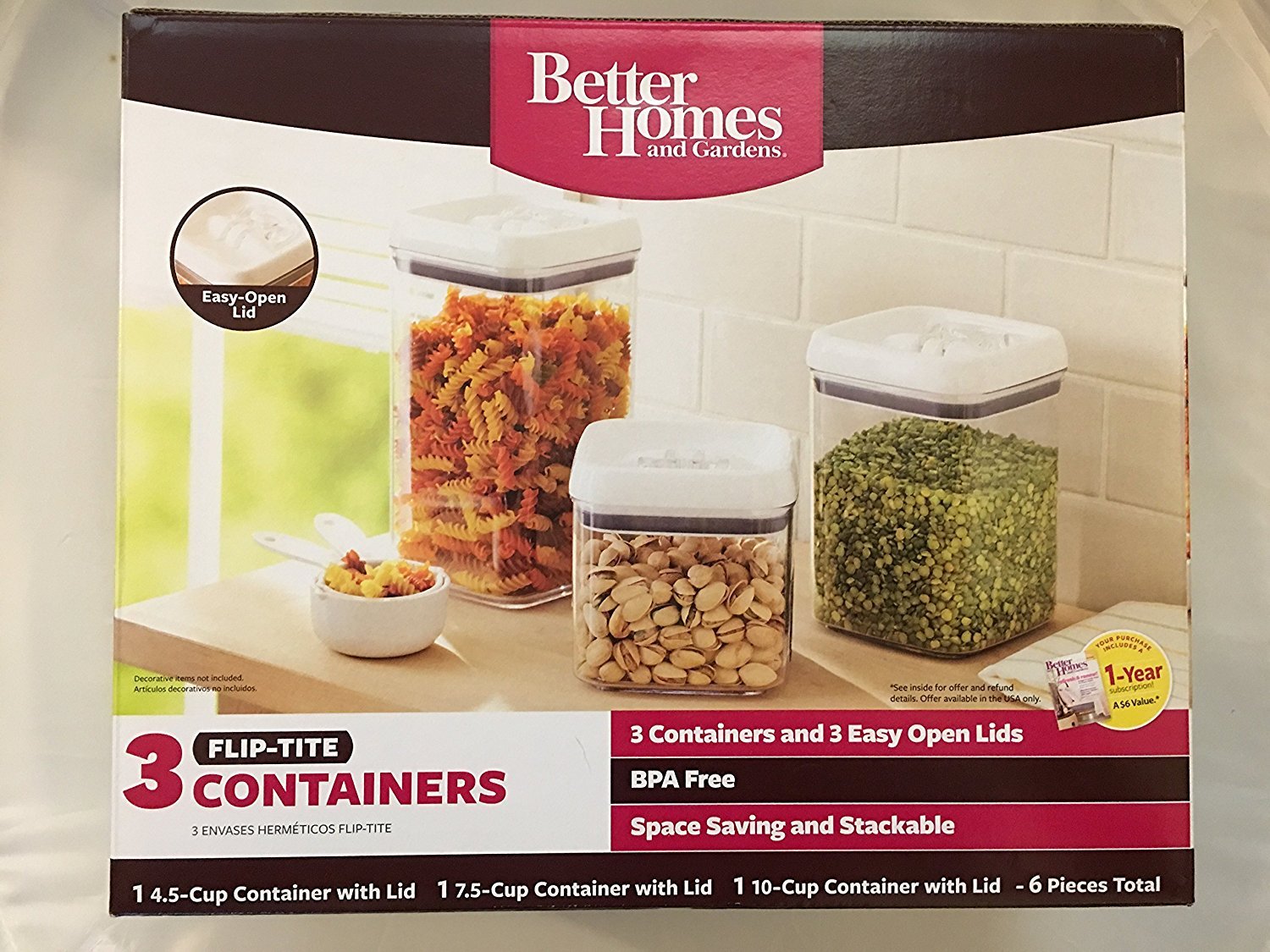 Better Homes & Gardens Flip-Tite, contenedores transparentes para identificar alimentos fácilmente.