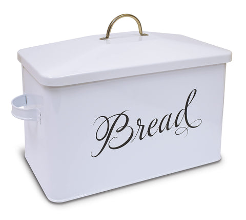 Caja de pan blanca con asas laterales para encimera ordenada.