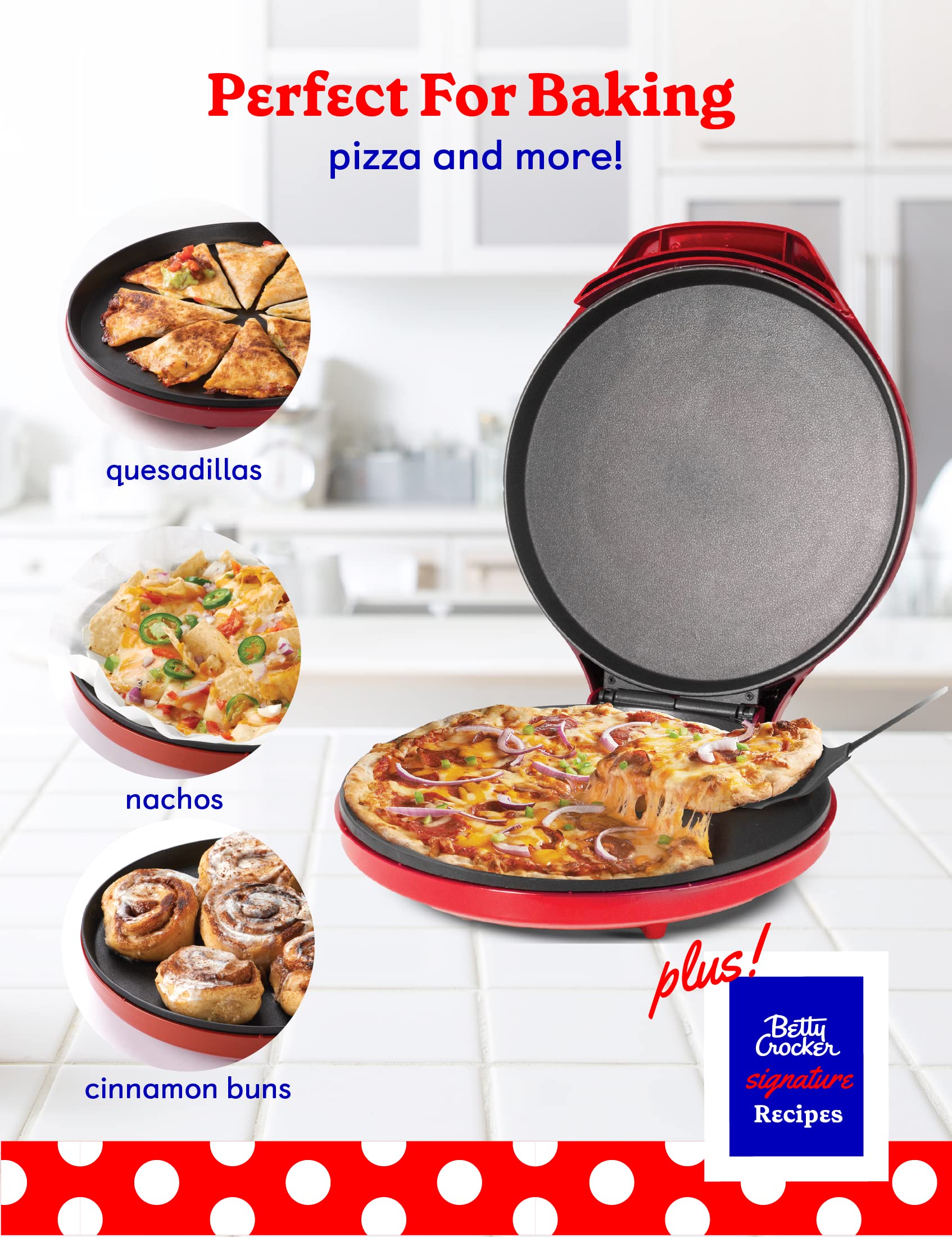 Betty Crocker interior parrilla antiadherente facilita cocción uniforme de pizzas.