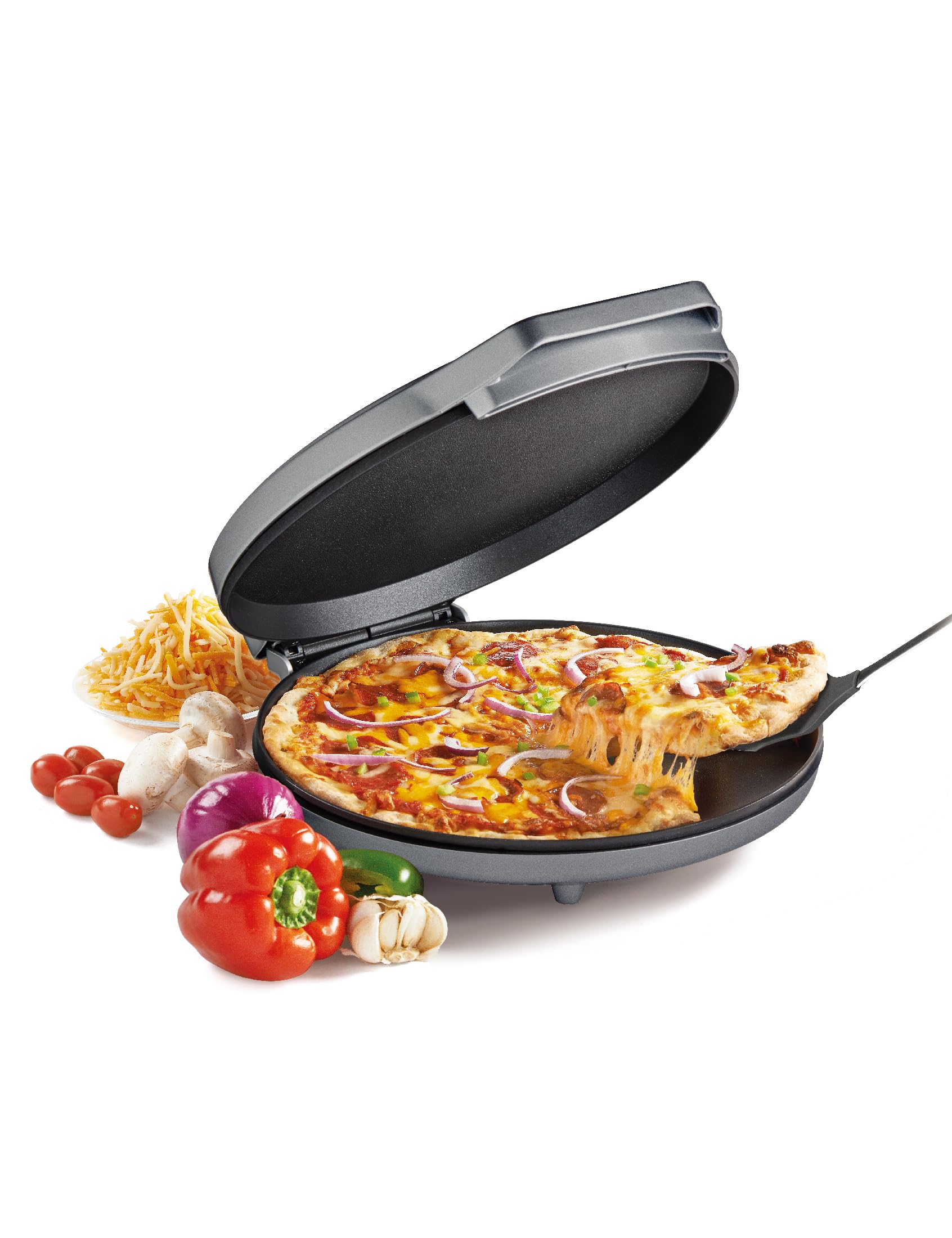 Betty Crocker Pizza Maker Plus, frente del aparato, ideal para pizzas caseras rápidas.