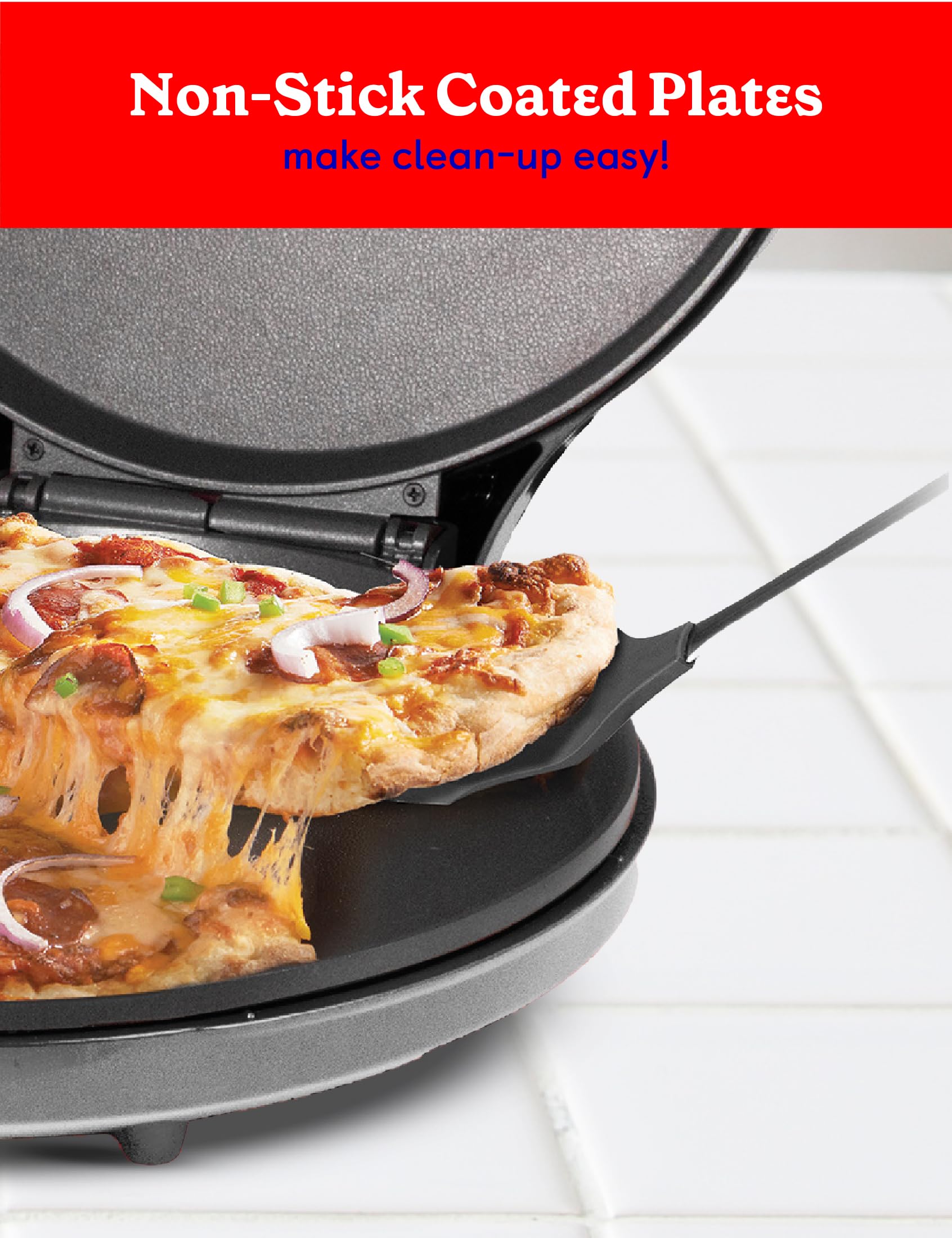 Betty Crocker Pizza Maker Plus, superficie antiadherente facilita la limpieza después de cocinar.