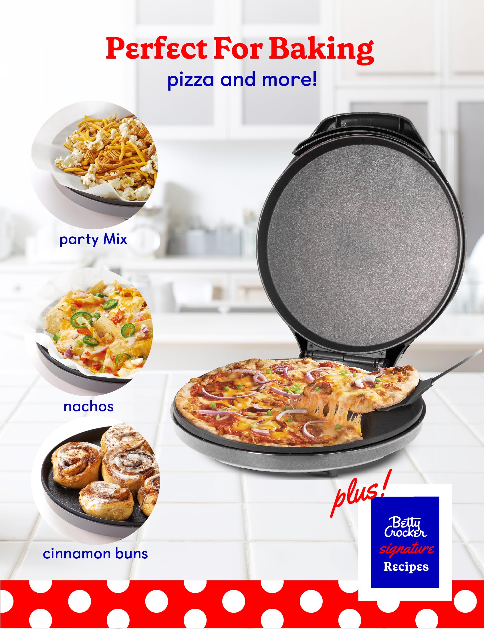 Betty Crocker Pizza Maker Plus, control de temperatura visible para cocción uniforme.