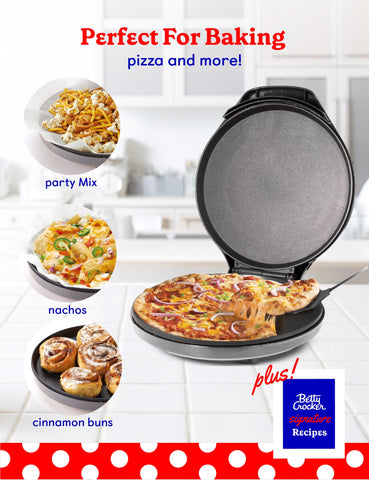 Betty Crocker Pizza Maker Plus, control de temperatura visible para cocción uniforme.