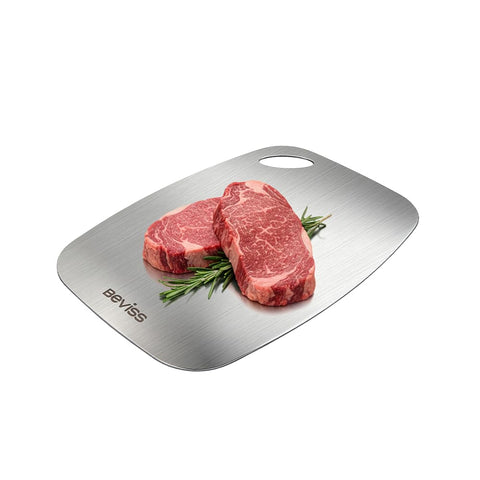 BEVISS tabla de corte acero 18/8, doble cara, dos caras para carne y verduras, higiene fácil.