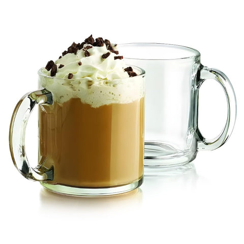 Taza Bexter de cristal claro, mirada frontal, ideal para mostrar capas de espresso y leche.