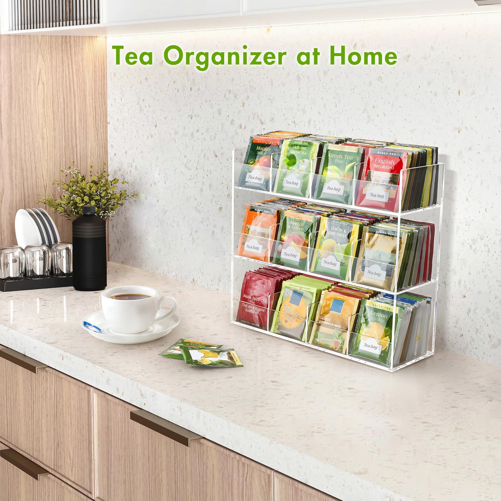 BEYGORM organizador de té acrílico transparente que optimiza el espacio en la encimera.